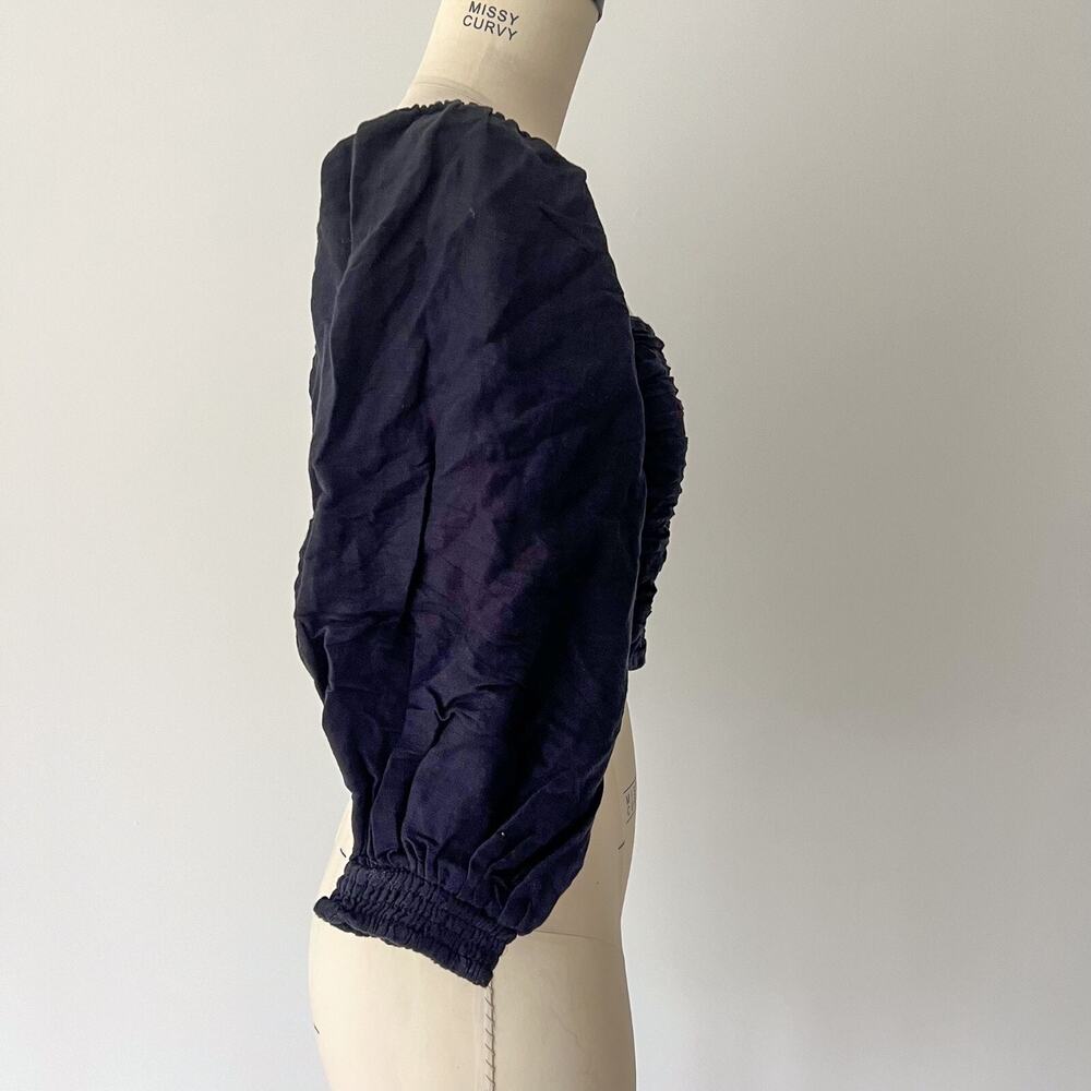 Posse Womens SMALL Black Linen Ivy Blouse Smocked Ruched Cropped Puff Sleeve - Picture 7 of 10